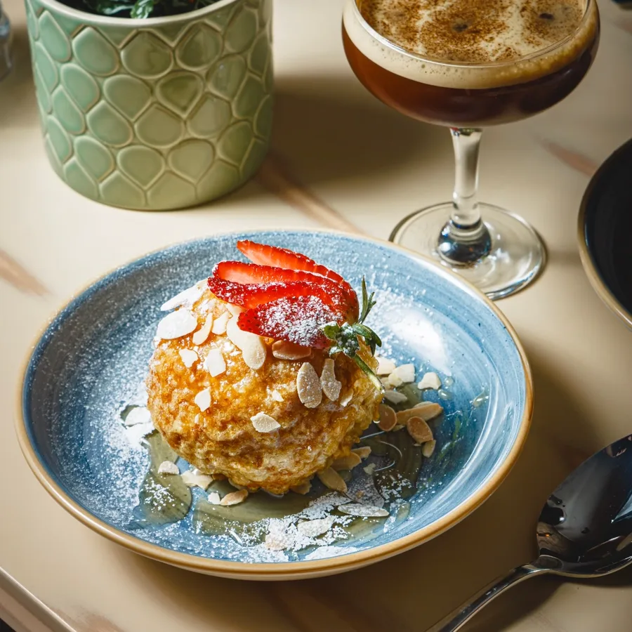 Dessert with strawberries and toasted almond flakes
